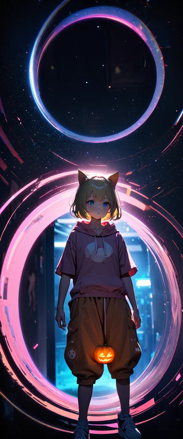 8k,非常に精細なCGユニットのwallpaper, masterpiece,High resolution,Highest quality,Highest quality real texture skin,Surreal,Increase the resolution,RAW Photos,Highest quality,Very detailed,wallpaper,Cinema Lighting,Ray-tracing,Golden Ratio, break ,Many stars shine beautifully in the winter night sky., Long exposure of the starry sky、Many circular orbits are visible in the image., Silhouette of a young woman、Put your hands in your hoodie pockets、Looking up, Photo taken from a distance, Picture below, Beautiful kaleidoscope-like multiple exposures overlapping each other、Pink short sleeve hoodie、Blonde、Blonde Hair、Very Short Hair、Cat ears of the same color as the hair、Plain pink short sleeve hoodie、Pumpkin Pants、Belly button、sneakers、Turquoise Eyes、Flat Chest、Big white flower hair ornament、
