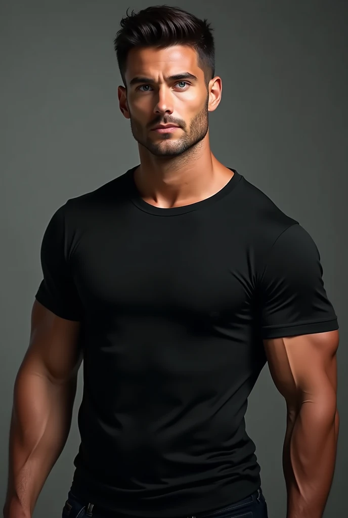 handsome man 2, toned body, short dark hair and blue eyes, black t-shirt and jeans, manly