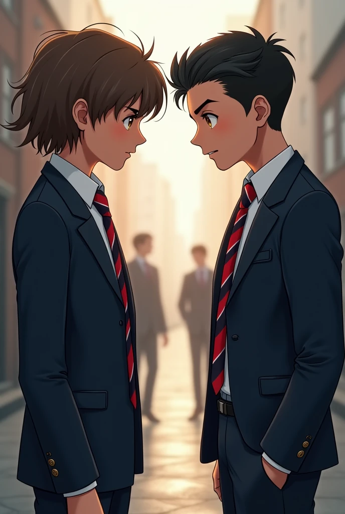 image of 2 boys in their school uniform white long sleeves with red and blue striped neck tie and dark blue blazer. one on the right has short gelled up black hair, brown eye, chiseled jaw and diamond shaped face well build, a height of 6'1 feet and has olive skin tone, he's italian-german. the other one on the right has mid length wavy brown hair, hazel eye, soft chiseled heart shape face, a height of 5'10 feet, he's italian and has light olive skin. both of them on side view looking at each other angrily.