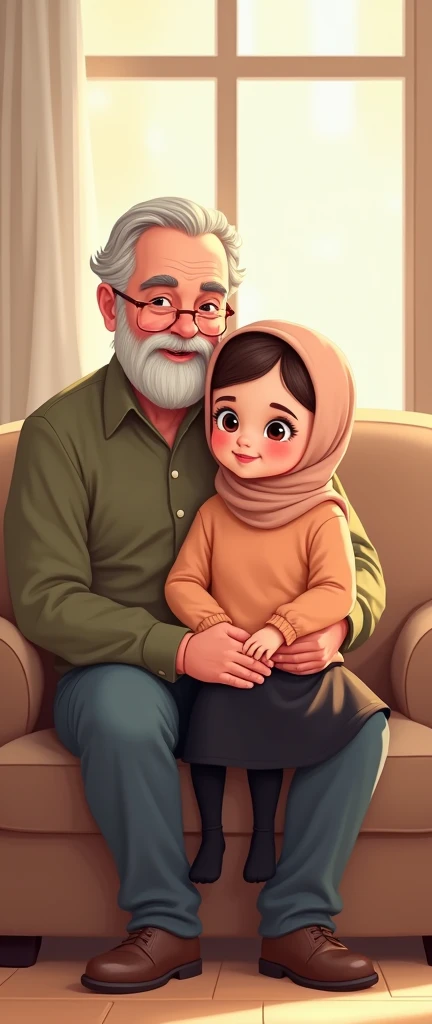 Cartoon with text: 
(masterpiece, best quality, 4k, expressive eyes, perfect face, 2d style, flat style, hand drawn, drawing, perfect illustration, screencap), Cute and adorable face, big detailed eyes,, Cute  cartoon girl, with brown hijab on, bangs, ((peach sweater, black skirt, black socks)), sitting on a big old mans lap on the couch, full body view 