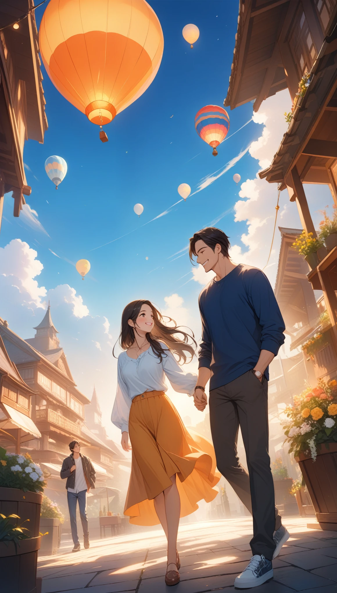 masterpiece, anime, cute, cute, romantic, Highest quality, 2 others, Couple, mature, Adult, Height difference, Different Fashion, Different colors, Casual clothing, Long sleeve, smile, Happy, like, Swirling Wind, blue sky, Long-haired men, Light brown haired man, Black-haired woman, Black-haired woman, ((32K)), ((best quality)), ((ultra high res)), ((HDR)), ((uhd)), ((extremely detailed CG)), ((unity 32K wallpaper)),