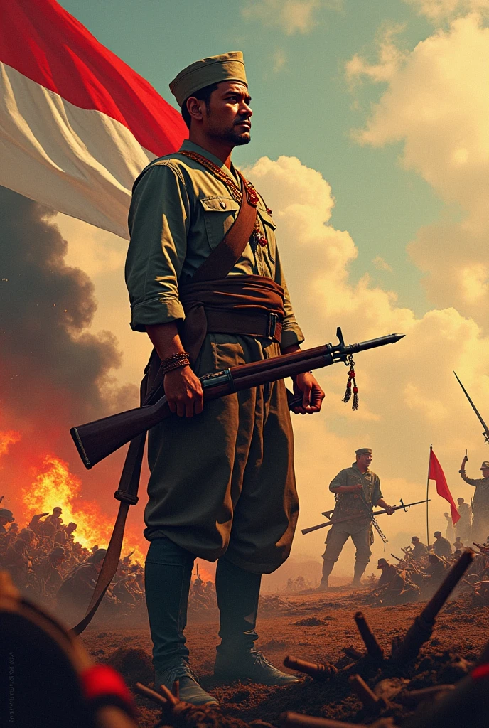 Image about Indonesian independence fighter poster, Battle of Palembang, Independence Day 1945