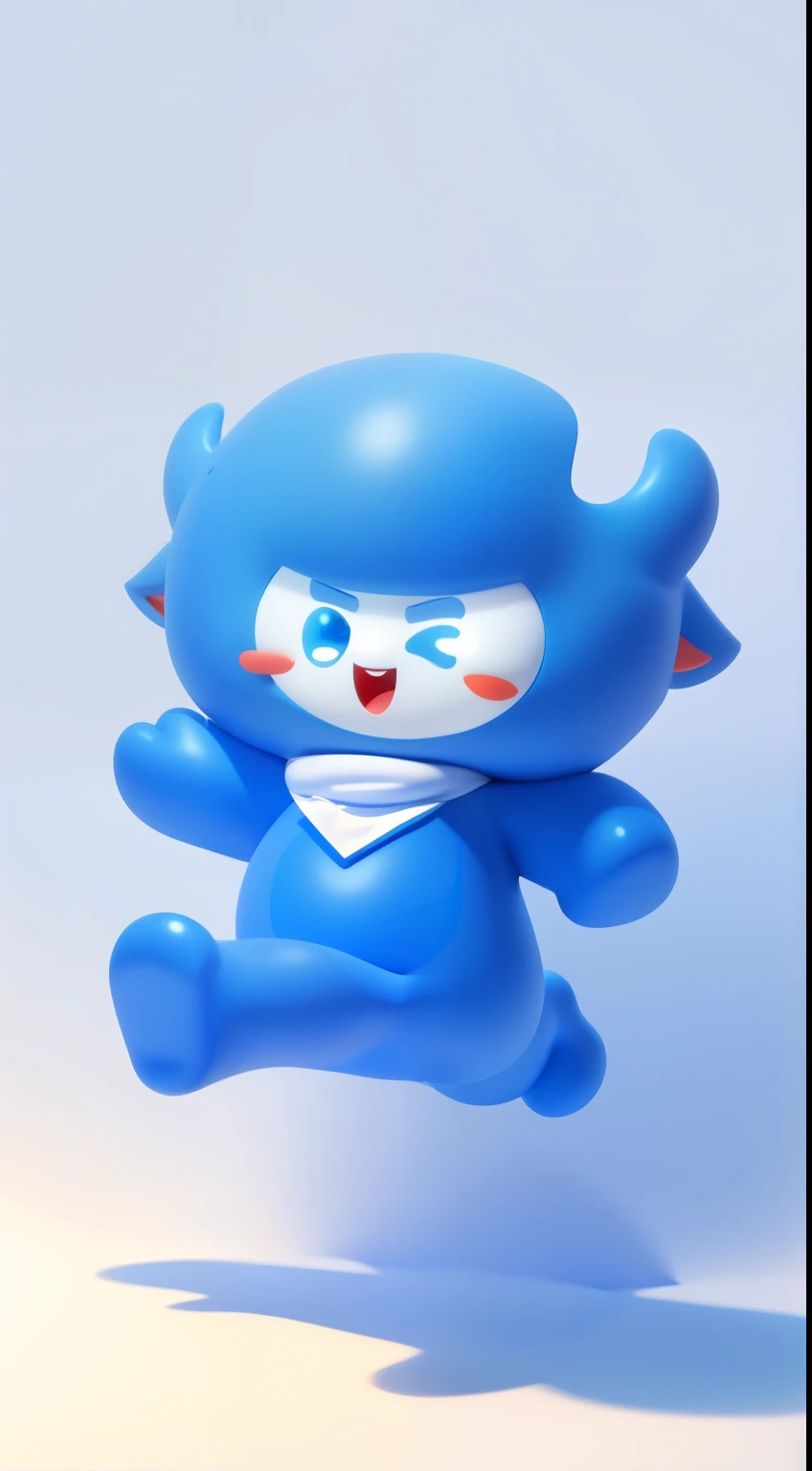 A cute blue cartoon mascot, blue and white color scheme, white face, two horns on the head, wearing a triangular scarf, smiling with open mouth, jumping in the air, simple background, white background, character design surreal, full body, red face, small eyes, 3D effect, clear outline light, edge light, spotlight, 8k