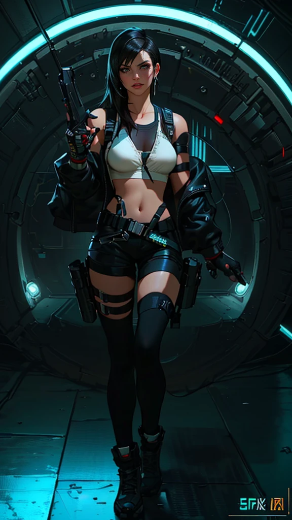 arafed woman in a white bra top and black shorts holding a gun, cyberpunk 2 0 y. o model girl, seductive cyberpunk dark fantasy, tifa lockhart, cyberpunk angry gorgeous goddess, cyberpunk girl, lara croft, tifa, tifa lockheart, glamorous tifa lockheart, beautiful cyberpunk woman model, seductive tifa lockhart portrait, jet black haired cyberpunk girl