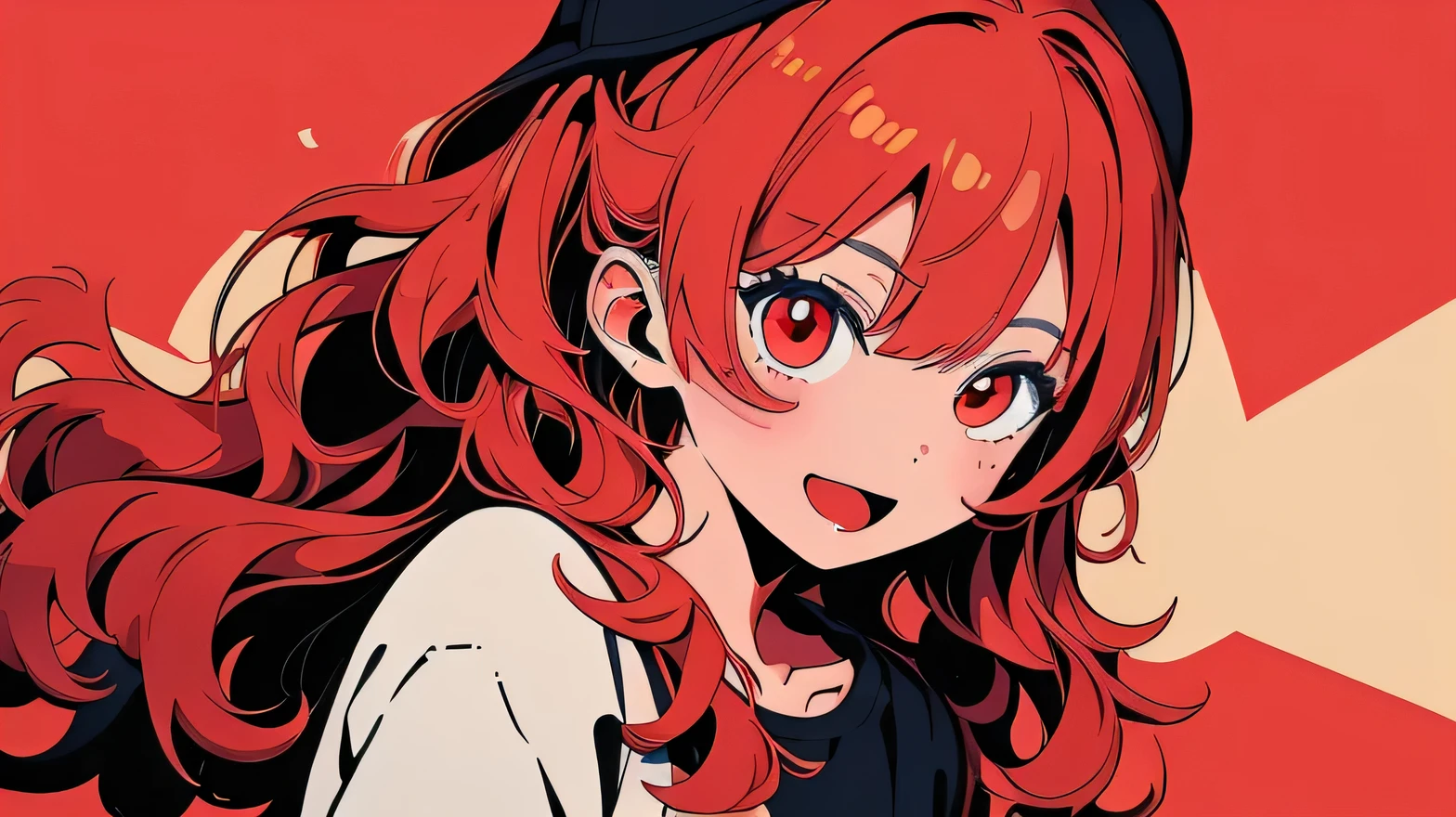 (masterpiece, Highest quality), one cute girl, the girl wearing (summer casual and cute clothes), (red hair, wavy hair) and (red eyes), medium breasts, :d, dark night, (((bold outline))), Vector art, flat color,