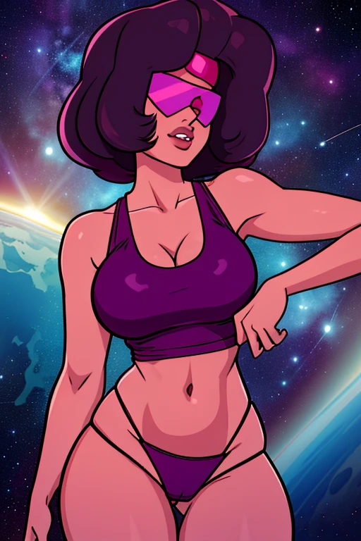 Garnet, blocky hair, retro shades, navel, hips, cowboy shot, cameltoe, tank top, panties, outer space, stars, dark violet hair, (insanely detailed, beautiful detailed face, masterpiece, best quality)