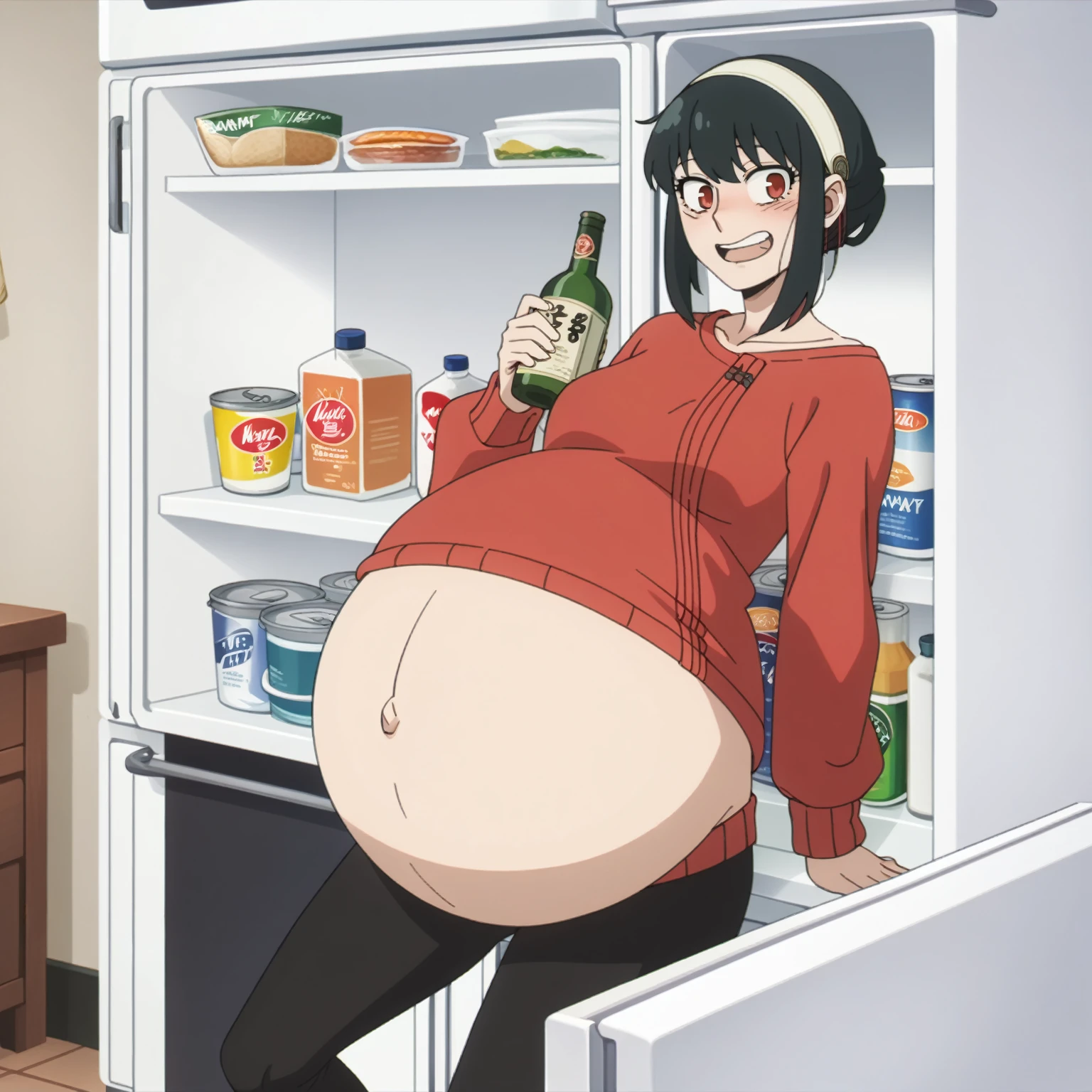 I look at the viewer, One, yorforger,1 girl, ((medium breast)), ((belly stuffed)), ((huge belly)), ((Very drunk)), ((staggers)), black hair, Red eyes, short hair with long strands, white hair band, from the shoulder, ((red sweater)), black tights, ((drank too much)), ((exhausted)), ((excited)), ((in front of the refrigerator)), ((Outdoor refrigerator)), ((lean on the fridge)),
