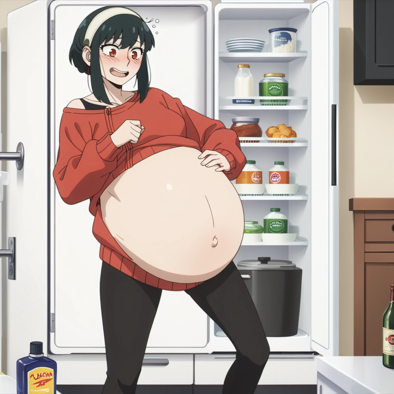 I look at the viewer, One, yorforger,1 girl, ((medium breast)), ((belly stuffed)), ((huge belly)), ((Very drunk)), ((staggers)), black hair, Red eyes, short hair with long strands, white hair band, from the shoulder, ((red sweater)), black tights, ((drank too much)), ((exhausted)), ((excited)), ((in front of the refrigerator)), ((Outdoor refrigerator)), ((lean on the fridge)),