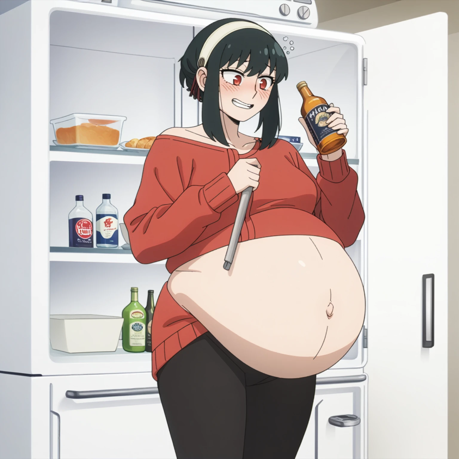 I look at the viewer, One, yorforger,1 girl, ((medium breast)), ((belly stuffed)), ((huge belly)), ((Very drunk)), ((staggers)), black hair, Red eyes, short hair with long strands, white hair band, from the shoulder, ((red sweater)), black tights, ((drank too much)), ((exhausted)), ((excited)), ((in front of the refrigerator)), ((Outdoor refrigerator)), ((lean on the fridge)),