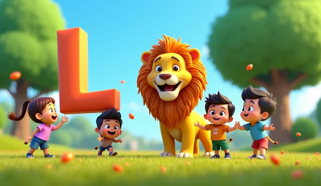 Create an animated image for alphabet L and an talking Lion and children plying with lion with animation 3D