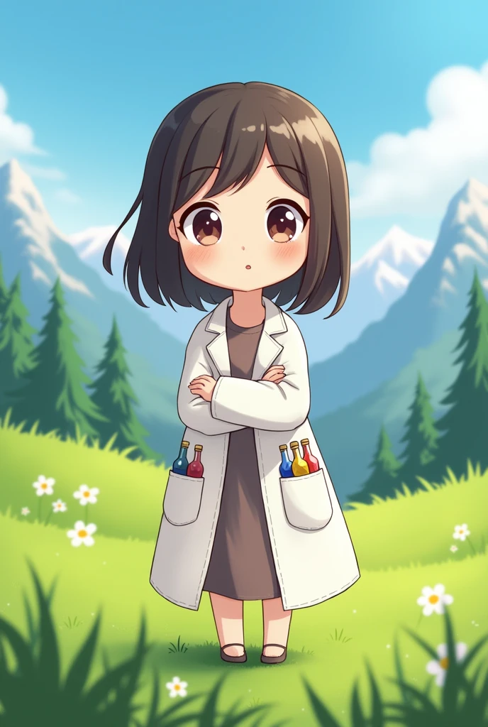 Short cute girl, shoulder length short hair.
her face is cute when she pouts, her cheeks are soft.
Wearing a lab coat that is too big for his body size, white.
Several different colored potions were tucked into the pockets of his lab coat..
Posing proudly with hands on lap.
Green field background with alpine mountain view.