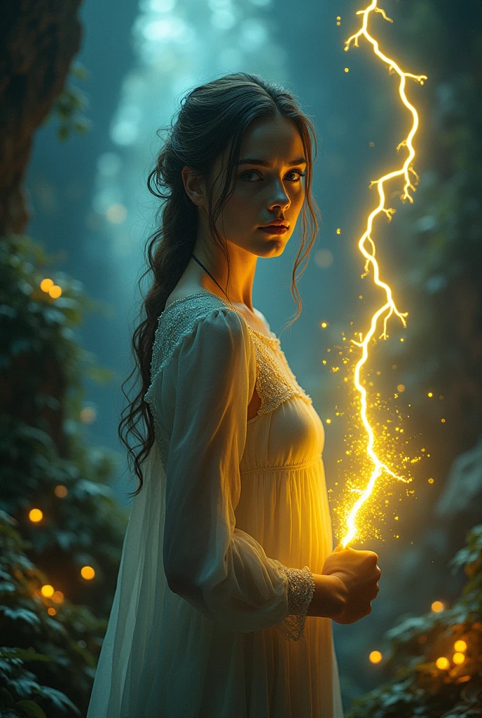 there is a woman holding a yellow lighting wire in her hand A magical realm filled with intricately designed, hyperrealism and landscapes, softly blacklight by mystical orbs