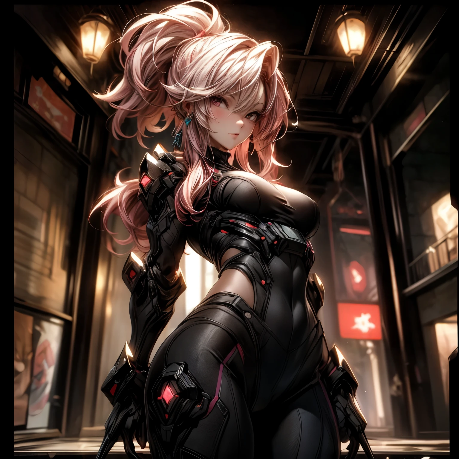 (best quality)), ((Masterpiece)), (details:1.4), 3d, HDR (high dynamic range), an image of a beautiful cyberpunk female, Hips up, Sleek style, Pink hair, High ponytail, beautiful white eyes, จมูกโด่ง, ปากแดง, หน้าอกใหญ่, nvidia RTX, PBR surface, After processing, Anisotropic filtration,depth of field, Maximum clarity and clarity, multi-layered surface, Subsurface scattering, perfect proportions, 8K raw files, ultra detailed, Perfect proportions, volumetric lighting, soft lighting, Paladin, Heavy Black Armor, glossy skin, Castle background, jewely, ต่างหู, นิ้วมือสมบูรณ์,