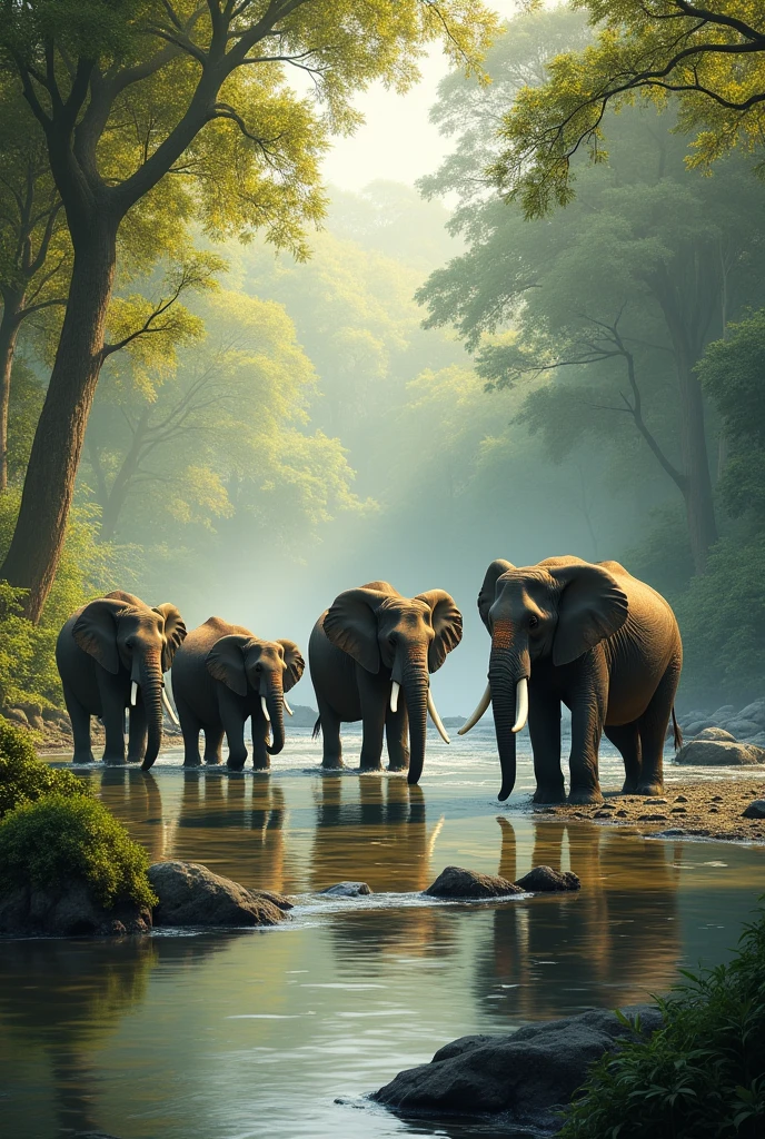 5 Elephants are standing in the river of the forest