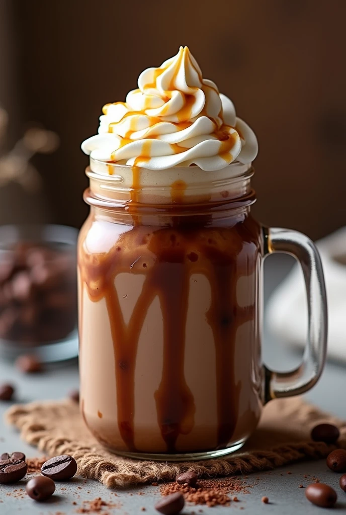 [ultra-realistic 4K rendering, close-up shot, winter-themed gourmet drink, Instagram-worthy] A luxurious, winter-themed caramelized hot chocolate served in a rustic glass jar. The drink features rich swirls of dark chocolate and caramel, topped with a generous dollop of whipped cream and a drizzle of caramel sauce. Ice cubes are visible through the glass, creating an enticing contrast between the cold ice and the warm, creamy drink. The scene is set against a soft, cozy background with a few scattered coffee beans and a linen cloth, all captured in stunning detail to enhance the visual appeal of the drink. The image is bathed in warm, soft light, emphasizing the richness and texture of the drink, making it irresistibly inviting and perfect for sharing on Instagram.
