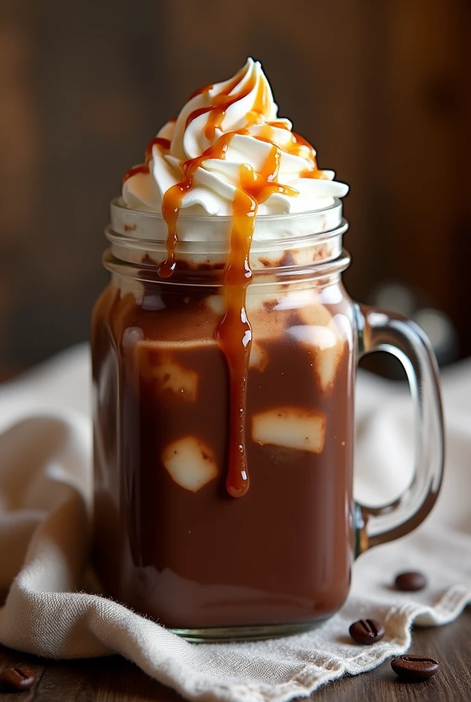 [ultra-realistic 4K rendering, close-up shot, winter-themed gourmet drink, Instagram-worthy] A luxurious, winter-themed caramelized hot chocolate served in a rustic glass jar. The drink features rich swirls of dark chocolate and caramel, topped with a generous dollop of whipped cream and a drizzle of caramel sauce. Ice cubes are visible through the glass, creating an enticing contrast between the cold ice and the warm, creamy drink. The scene is set against a soft, cozy background with a few scattered coffee beans and a linen cloth, all captured in stunning detail to enhance the visual appeal of the drink. The image is bathed in warm, soft light, emphasizing the richness and texture of the drink, making it irresistibly inviting and perfect for sharing on Instagram.
