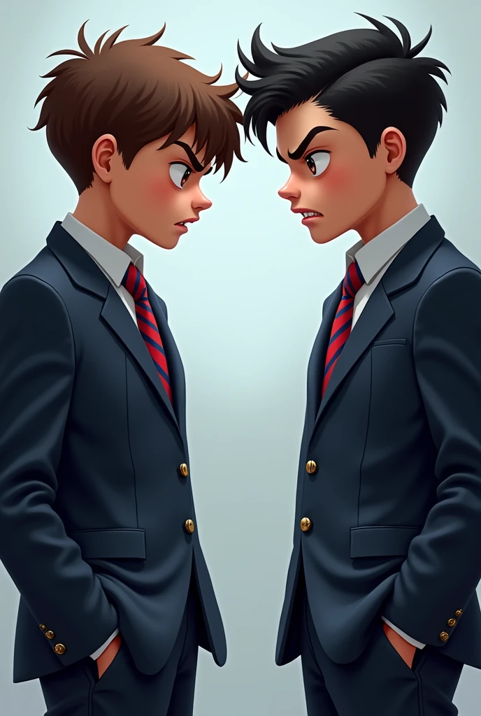 image of 2 boys in their school uniform white long sleeves with red and blue striped neck tie and dark blue blazer. one on the right has short gelled up black hair, brown eye, chiseled jaw and diamond shaped face well build, a height of 6'1 feet and has olive skin tone, he's italian-german. the other one on the right has mid length wavy brown hair, hazel eye, soft chiseled heart shape face, a height of 5'10 feet, he's italian and has light olive skin. both of them on side view looking at each other angrily.