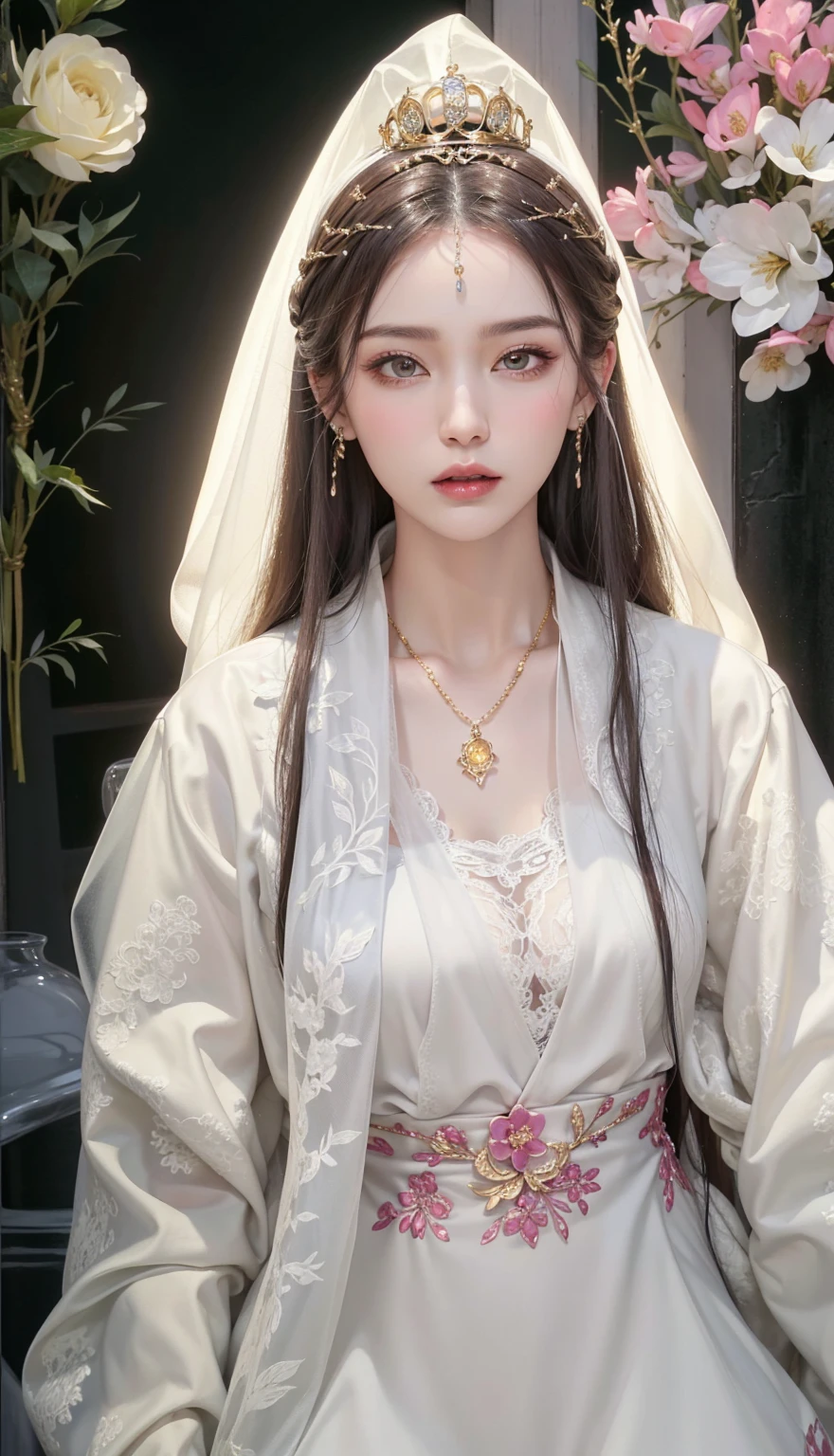 Royal sisters，Exquisite eyes，Frozen Queen，Put the crown on your head，Detailed facial expressions body，Tall and big，Glamorous characters，Leg length，4K，HD，Sensual，White translucent lace，白皙full image，Little cherry mouth，Beautiful and lovely，full image，Glossy Gel Coat，Vampire Queen in luxurious robes，Have a tattoo(Intricate tattoo designs)，Ice Princess，Rich facial details，Gold diamonds，Luxurious and exquisite jewelry，Lace Printed Silk Dress，The ultimate luxurious Chinese fairy，Guanyin