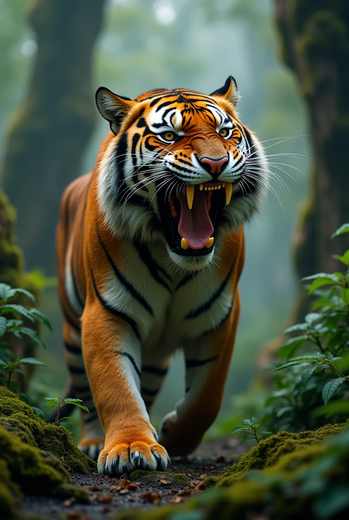Give me a picture of a tiger roaring in the forest in 8K detail
