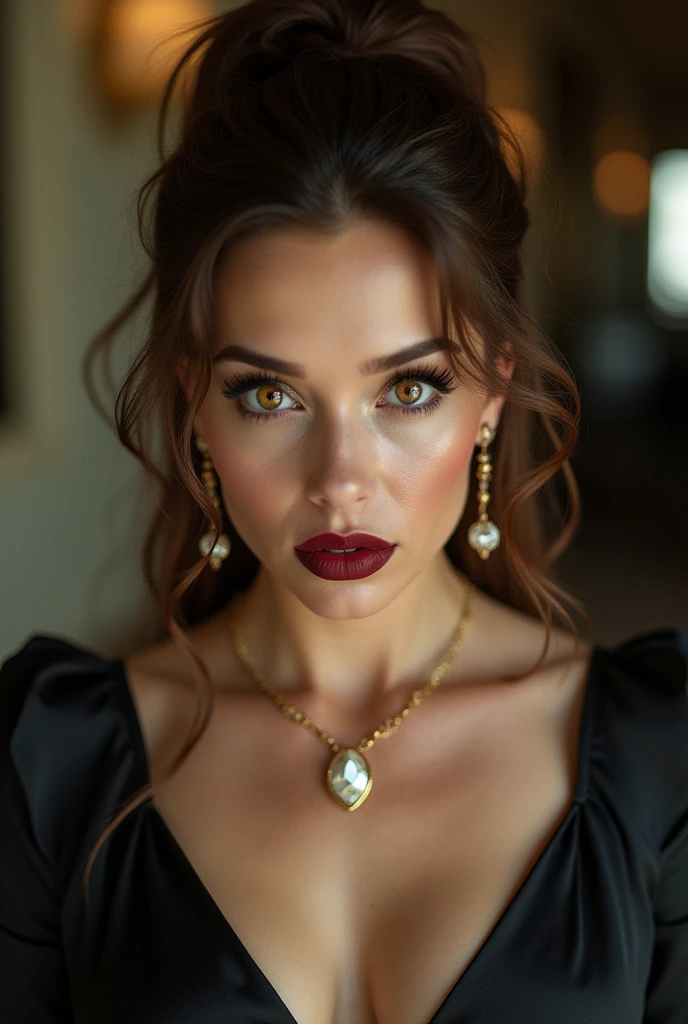 (Please open your mouth wide:1.9), (Semen-covered .:1.8), (Frightened expression:1.5), (A look of contempt:1.5), Luxury hotel interior, Browsing Caution, masterpiece, Highest quality, Accurate, 超High resolution, retina, Very detailed, Awards, High resolution, Anatomically correct, (Realistic:1.4), RAW Photos, (Soft Saturation:1.3), (Fair skin:1.2), 8k, 1 person, Mature adult woman, Beautiful evil, Evil and nasty sexy women, (Perfectly beautiful woman, A perfectly beautiful face, Perfectly beautiful eyes, perfectly beautiful nose, perfectly beautiful nose孔, perfectly beautiful lips), (Chestnut-colored hair tied on top of the head), (Compensate:1.3), (Eye Reflexes:1.3, Solid Circle Eye, Ring-shaped eyes, Sparkling eyes:1.2, Long eyelashes:0.7, Amber Eyes), (Crystal Earrings, Shiny gold necklace), (Captivating smile:1.4, Cruel smile:1.4), (dark red lips:1.3, Glossy Lips:1.5,Lip reflection:1.5), (clavicle, Cleavage, Huge saggy breasts, Silk dress:1.5), (Detailed texture of wrinkles on clothing:1.3), Looking at the audience, POV, Bukkake.naked . beautiful tits.