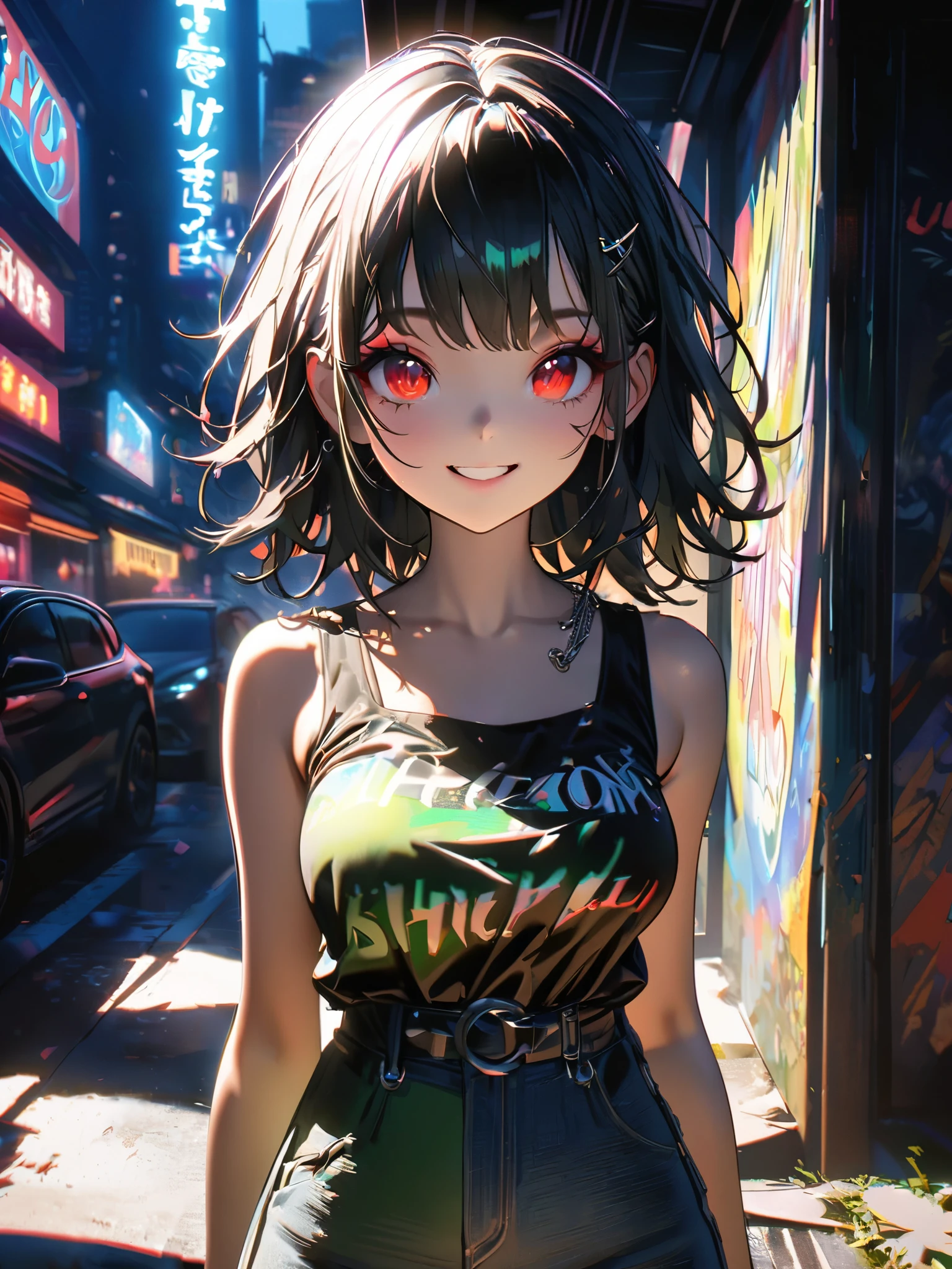 1 person, chromatic aberration, Written boundary depth, Soft Light, masterpiece, Highest quality, complicated, Tone Mapping, A place where fireworks are set off at festivals. Concept Art, Smooth, Clear focus, Dramatic lighting, Very cinematic, super practical painting, アートステーション's trending, 8k, Incredible Shadows, practical,  whole body, View, Viewers, Portrait of a Girl 1, standing on street corner, Heavy rain and lightning、Dark Sky, neon and cyber punk background, she is dressed in punk clothing with silver chains and silver spikes, Her hair was dyed a bright black color..........Ominous aura of light, smile, punk, ciber punk, Backlight.Fashionable clothes、Friendly dress code:Stylish green sleeveless denim style.My breasts are a little big.Beautiful red eyes