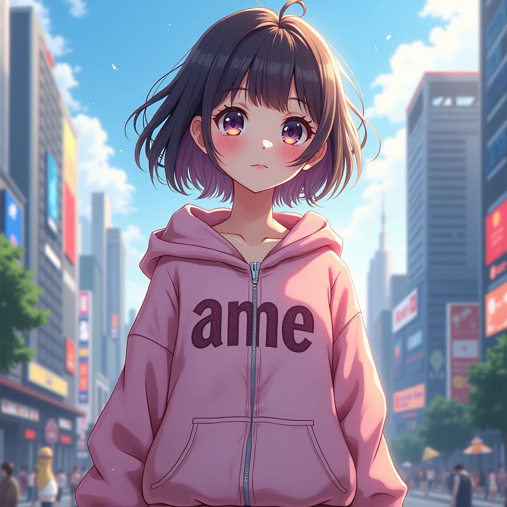 girl anime wearing aesthetic outfit with a text "Ame" on her clothes, with city background