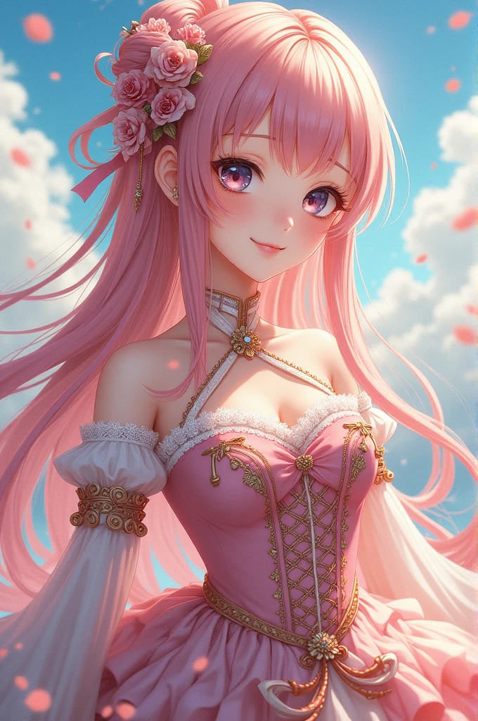 Anime girl with pink hair and blue streak and a crown with a low-cut dress