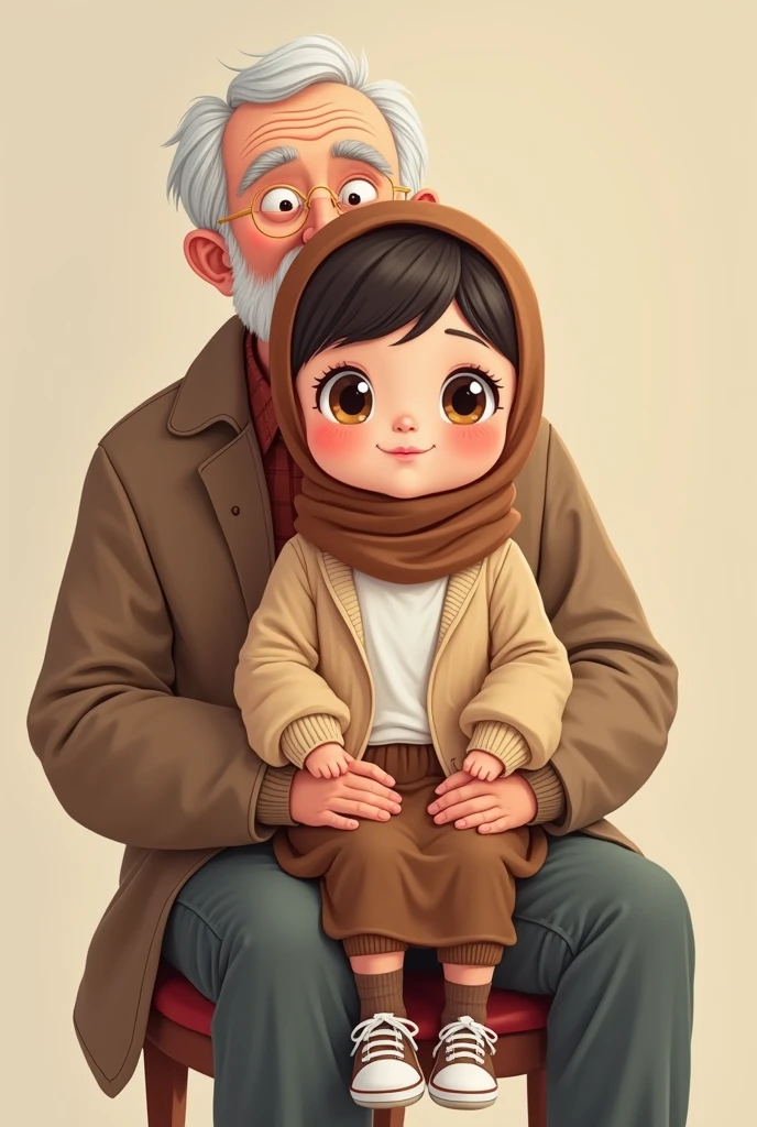 Cartoon with text:
(masterpiece, best quality, 4k, expressive eyes, perfect face, 2d style, flat style, hand drawn), Cute and adorable face, big detailed eyes,, Cute little cartoon girl, with brown hijab on, bangs, wearing oversized beige cardigan, white shirt, brown skirt, ((brown socks, long socks)), sneakers, on an old mans lap