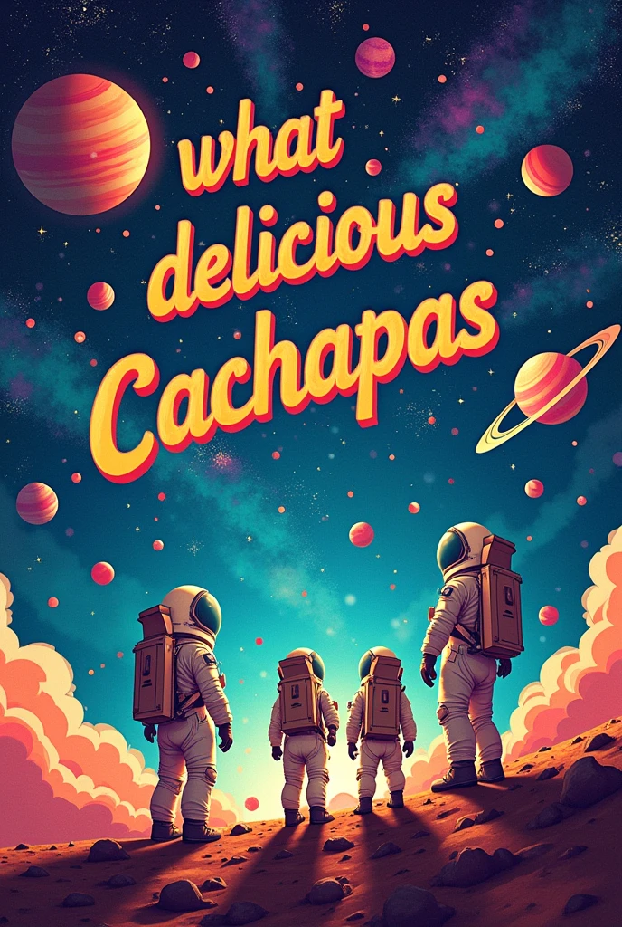 Create a lettering image with the phrase "What delicious cachapas" with a hyperrealistic vintage artistic style. With a fuchsia color combination, turquoise, orange and purple gradient. The edge of the letters should be with very thin black lines and white highlights.. At the bottom of the sentence there must be a galaxy and planets like Saturn, venus and pluto. With astronauts looking at the stars.