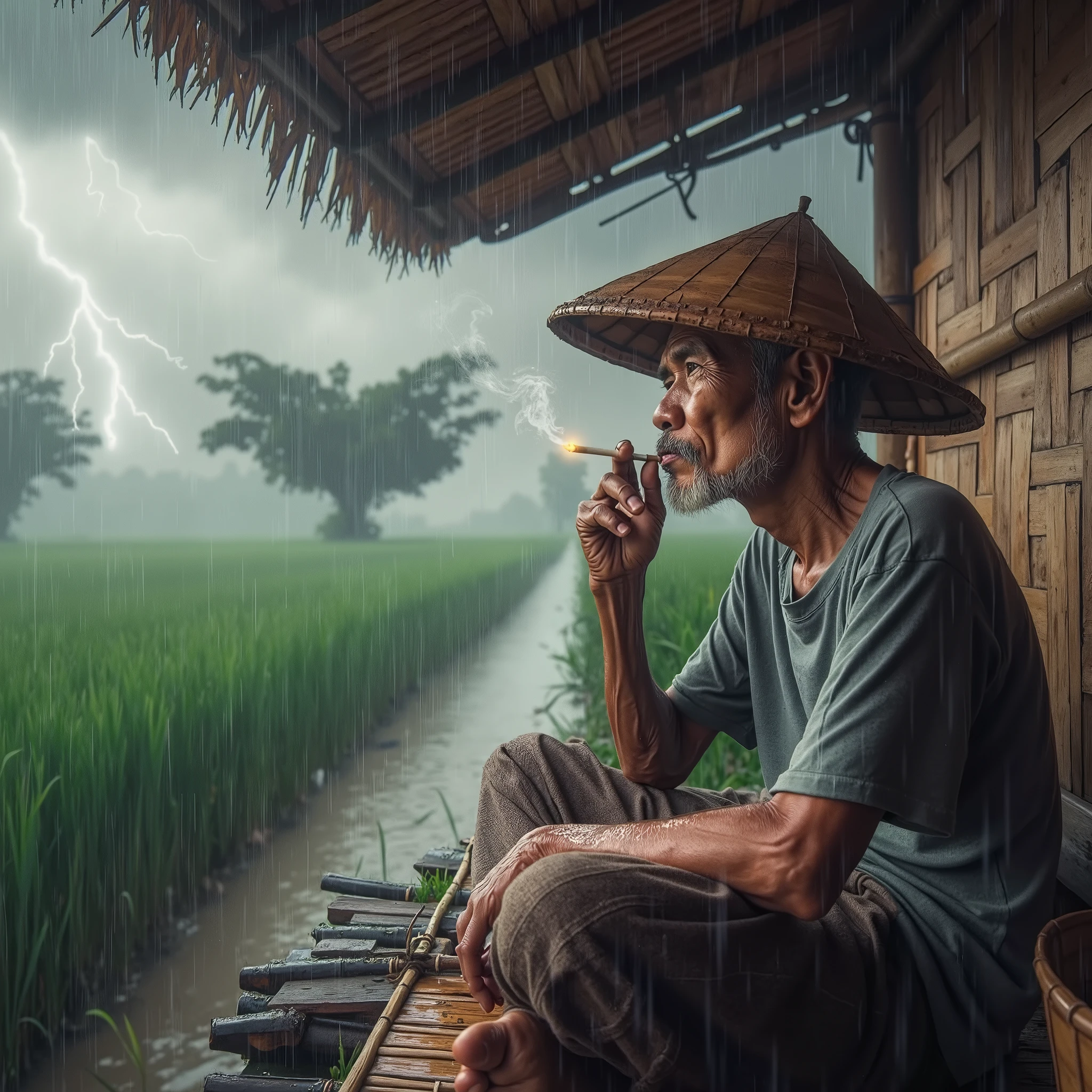 A middle-aged Indonesian man wearing a farmer's hat, remaining calm, smoking a hand-rolled cigarette, sitting cross-legged in his bamboo hut, deep in thought, amidst a heavy rainstorm, in the middle of a rice field, with lightning striking and thunder roaring.