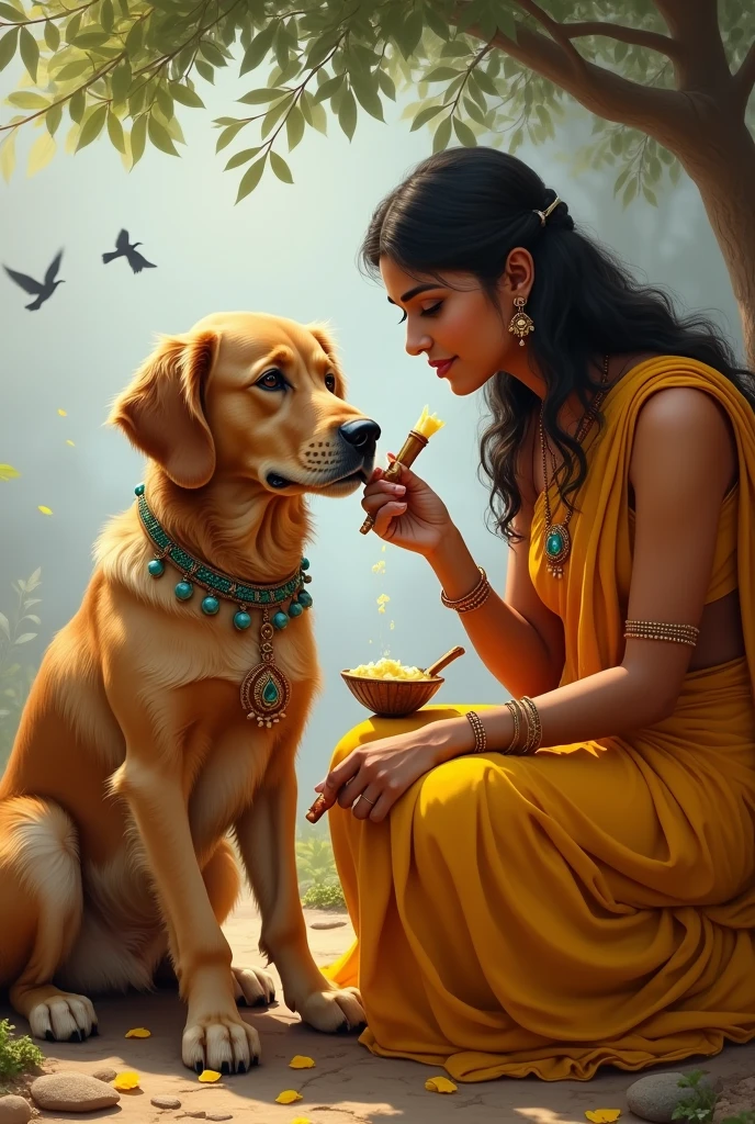 Devaki feeding butter to Lord Krishna in his childhood. Here Krishna is depicted as a golden retriever dog, the dog's color is brown but not completely dark brown. The dog will be little brown. Devaki will be feeding him, A flute will be present next to the dog. In the background there will be a tree and some birds. Dog will be decorated like Lord Krishna and the dog will be wearing Indian traditional dress. Devaki is gorgeous in yellow saree. Both dog and devaki face is clearly visible and both are looking front.