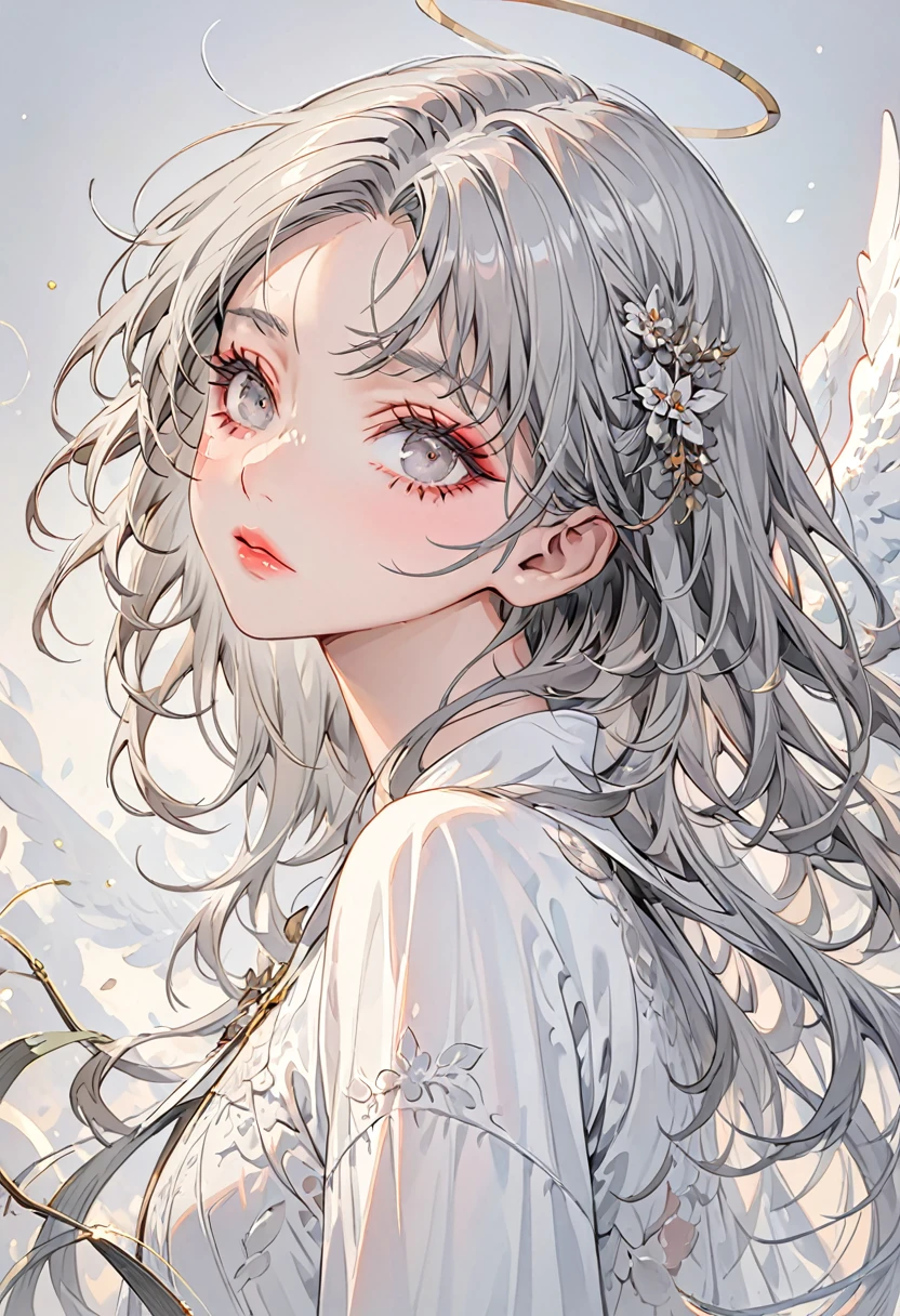 (Highest quality,Very detailed,High resolution:1.2),A beautiful girl in the form of an angel,Gray Hair,Gray Hairの前髪,Dilated grey eyes,very_Long eyelashes, Detailed lips, Cool look, Soft Skin, ,Exquisite makeup,