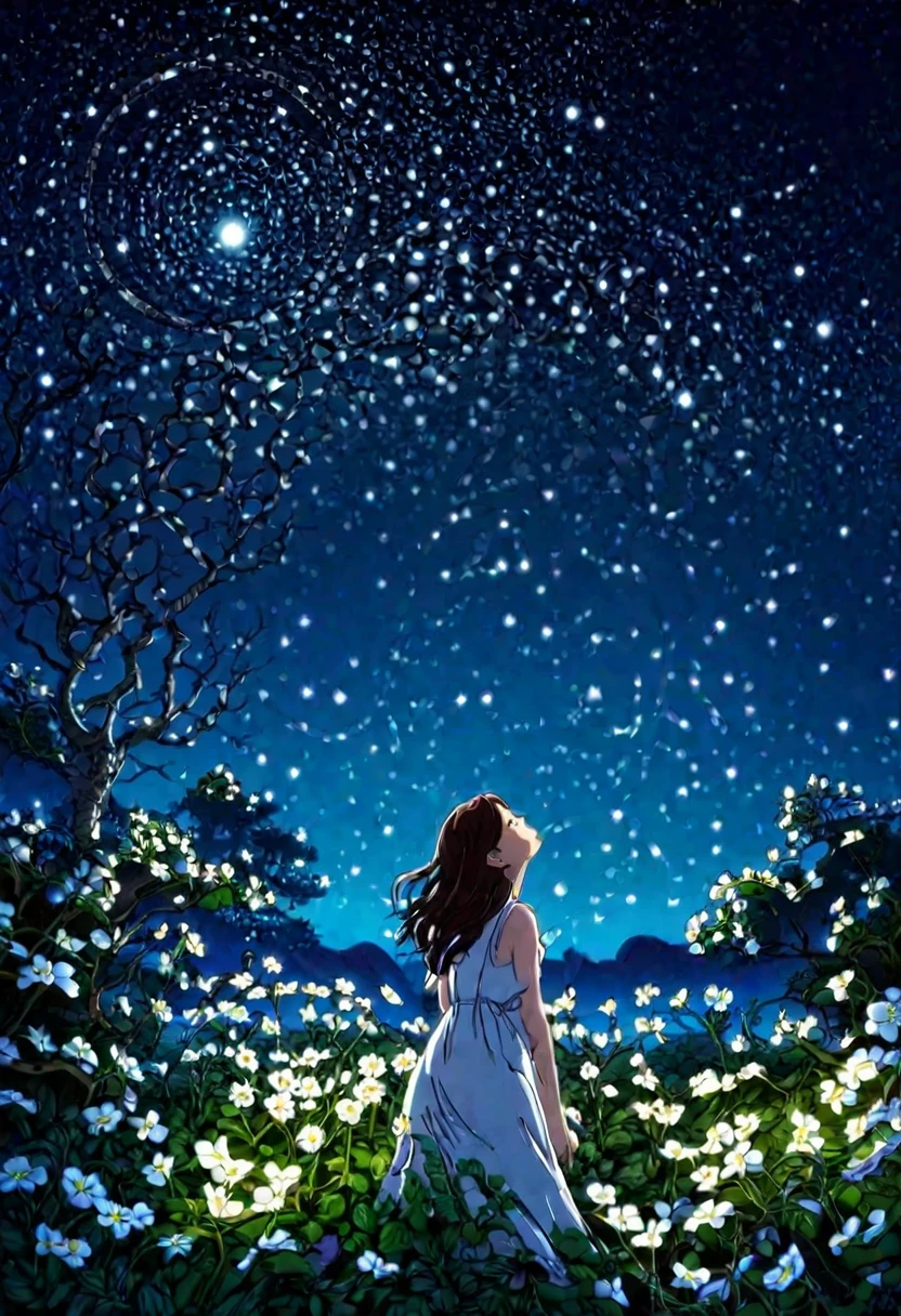 In the moonlight、A girl wearing a crown of evening primroses on her head、Looking up at the night sky。A group of evening primroses surround the girl.、A fantastic space spreads out。An illustration、Dreamy atmosphere