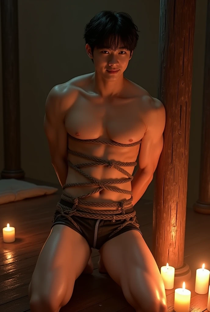 (((muscular,shirtless guy))), (((young, slim, muscular, fit, boy))), (((ripped sixpack))), ((((Trussed up completely with rope)))), ((((ropes trussed across chest)))), (((body trussed up in tight fitting shibari ropes))), (((beautiful boy))), (((beautiful face, K-pop type))),  (((slim fit body))), ((medium-lenght curtain hairstyle))), (((wearing shorts))) kneeling, (((arms behind back))), , Smiling, ((((in a  dungeon with a thick pole and candles))), ((leaning against a polel)))