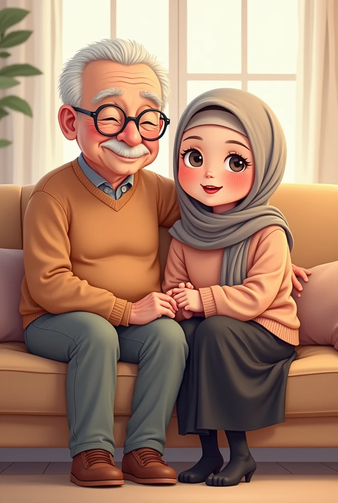 Cartoon with text: 
(masterpiece, best quality, 4k, expressive eyes, perfect face, 2d style, flat style, hand drawn, drawing, perfect illustration, screencap), Cute and adorable face, big detailed eyes,, Cute sexy cartoon girl, with brown hijab on, bangs, ((peach sweater, black skirt, black socks)), sitting on a big old mans lap on the couch, full body view 