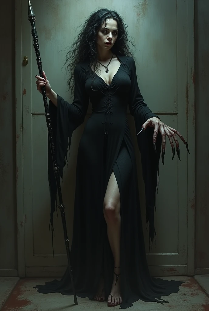 harry potter character Bellatrix with log nails and toenails, her right index finger nail is her wand