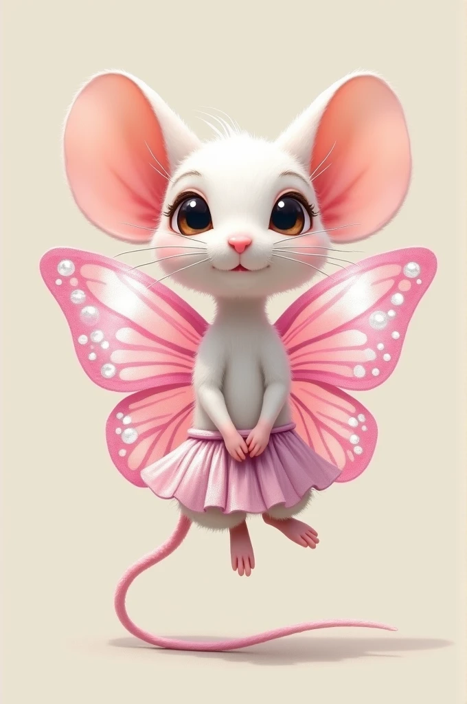 Cute white mouse with big eyes and wings like an angel. Big pink butterfly wings. Wearing a cute short skirt. Shiny and not magical.