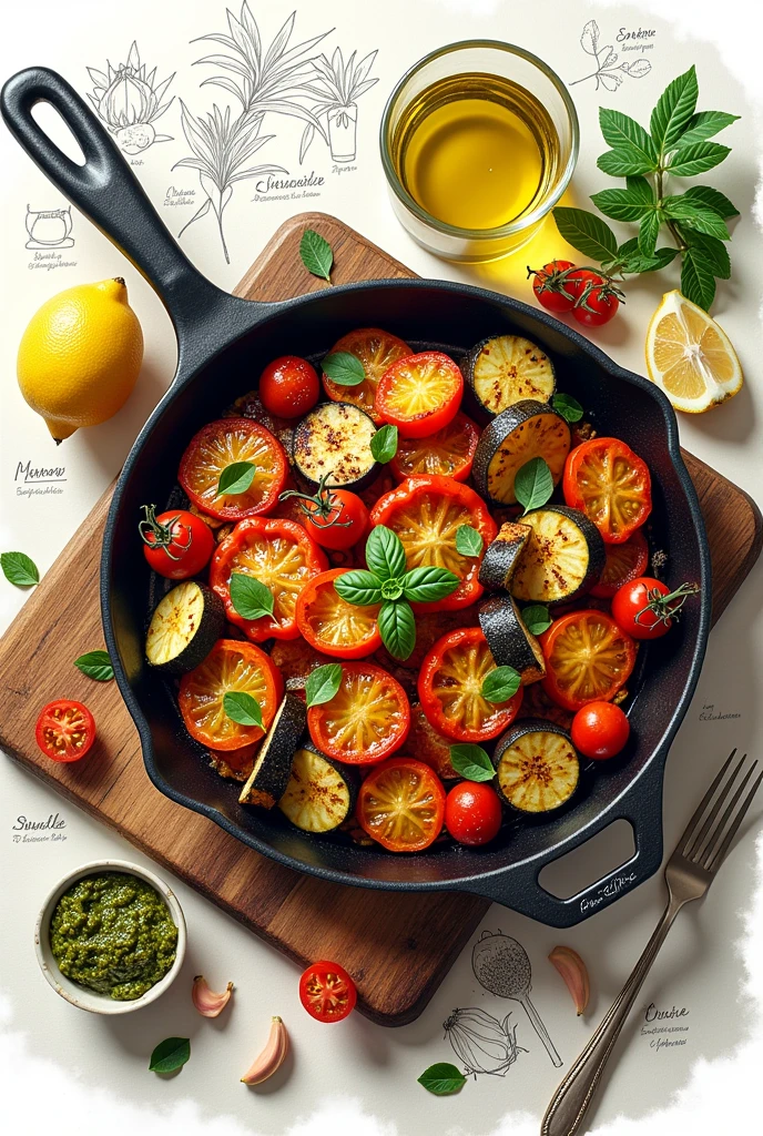 [highly detailed professional illustration, gastronomic art, gourmet vegetarian dish, drawing effect, intricate lines] A vibrant and detailed illustration of a gourmet vegetarian dish, inspired by a professional cookbook style. The dish features a beautifully arranged medley of roasted vegetables, including colorful bell peppers, zucchini, cherry tomatoes, and eggplant, garnished with fresh herbs like basil and parsley. The vegetables are presented in an elegant cast iron skillet, surrounded by a selection of gourmet ingredients such as sliced lemons, garlic cloves, olive oil, and a bowl of freshly made pesto. The background includes hand-drawn annotations of the ingredients, with artistic sketches of additional herbs and spices, all rendered in a rich, professional drawing style with intricate lines, perfectly capturing the essence of high-end vegetarian cuisine.
