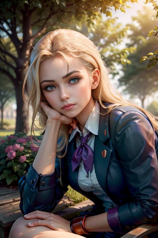 a beautiful young woman, school uniform, detailed face, detailed eyes, detailed lips, long eyelashes, medium length hair, sitting in a peaceful garden, sunlight filtering through the trees, high quality, 8k, ultra-detailed, photorealistic, masterpiece