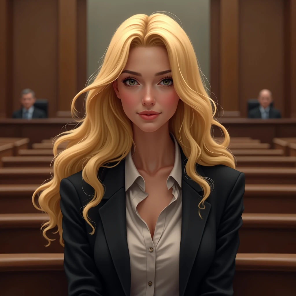 full blonde 30-year-old girl sitting in court.
