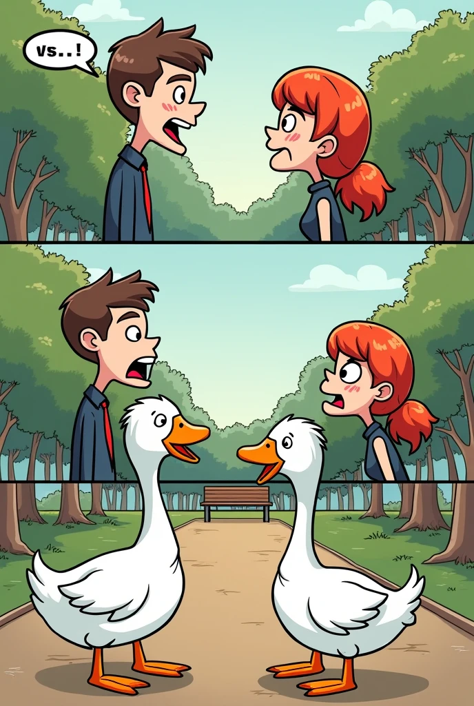 Comic strip about a goose watching a couple fighting