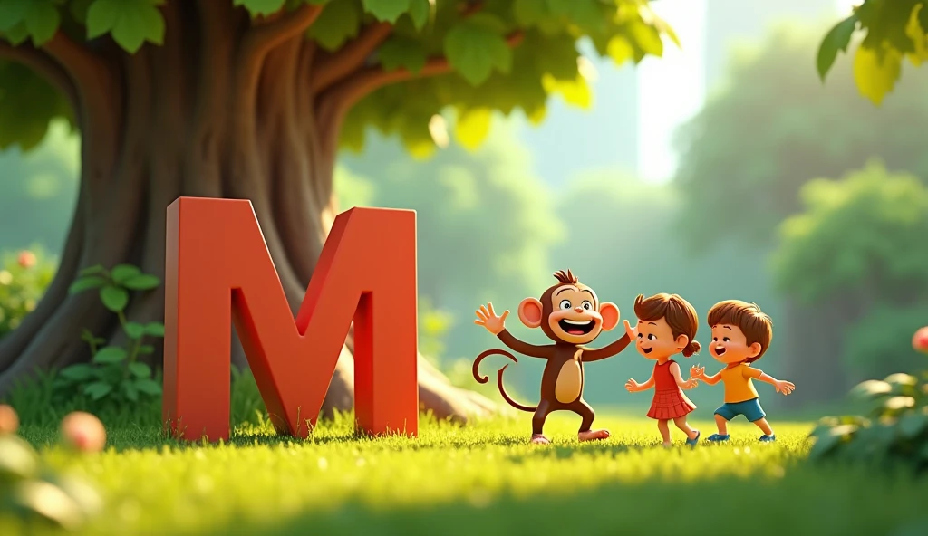 Create an animated image for alphabet M and an talking monkey at tree and children playing with monkey with animation 3D