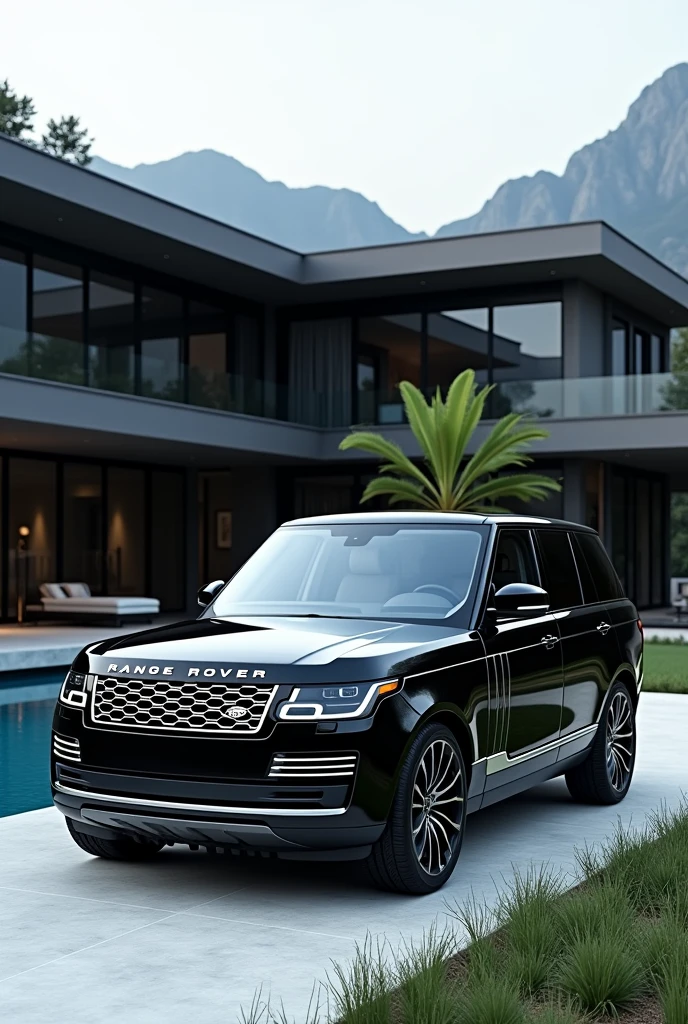 Black range rover park with a black beautiful mansion with pool