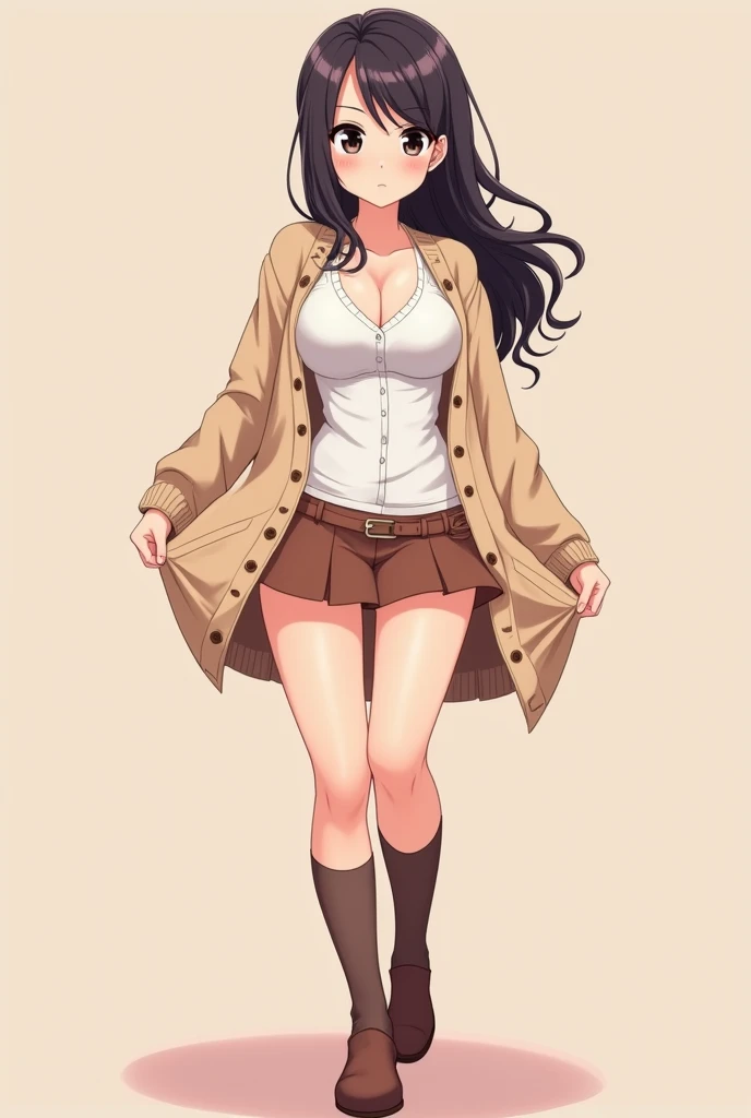 Anime with text:
(masterpiece, best quality, 4k, expressive eyes, perfect face, 2d style, flat style, hand drawn), Cute and adorable face, big detailed eyes,, Cute anime girl, ((big breast, big boobs, thick thighs)), with brown hijab on, ((brown Hijab)), bangs, wearing oversized beige cardigan, white shirt, cleavage, open button shirt, brown skirt, ((brown socks, long socks)), showing her panties, pulling up her skirt, upskirt, exposed legs, white underwear, full body view