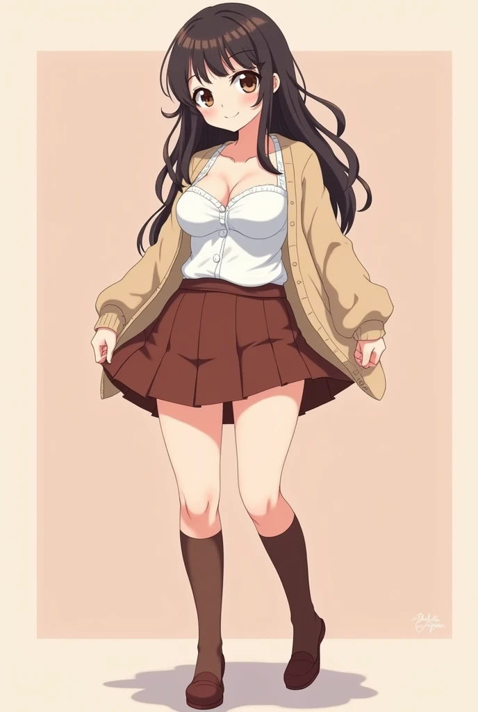 Anime with text:
(masterpiece, best quality, 4k, expressive eyes, perfect face, 2d style, flat style, hand drawn), Cute and adorable face, big detailed eyes,, Cute anime girl, ((big breast, big boobs, thick thighs)), with brown hijab on, ((brown Hijab)), bangs, wearing oversized beige cardigan, white shirt, cleavage, open button shirt, brown skirt, ((brown socks, long socks)), showing her panties, pulling up her skirt, upskirt, exposed legs, white underwear, full body view