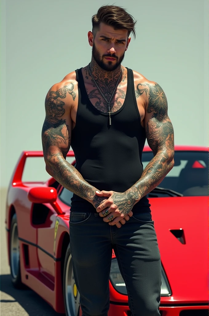 A man with tattooed hands and a Ferrari f40 car beside him