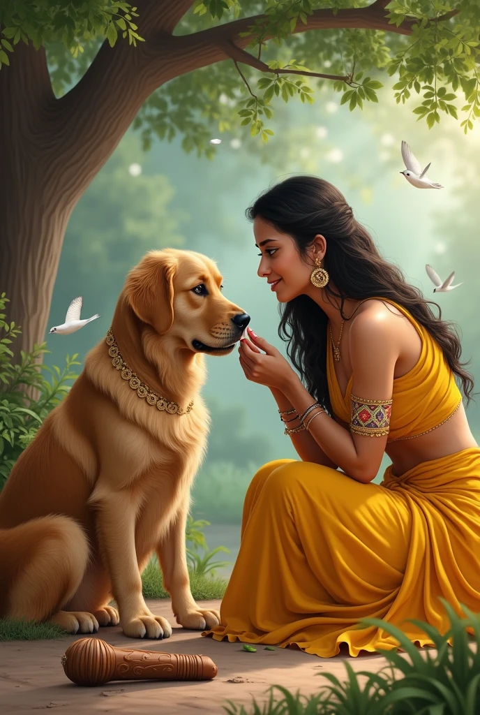 Devaki feeding to Lord Krishna in his childhood. Here Krishna is depicted as a golden retriever dog, the dog's color is brown but not completely dark brown. The dog will be little brown. Devaki will be feeding him, A flute will be present next to the dog. In the background there will be a tree and some birds. Dog will be decorated like Lord Krishna and the dog will be wearing Indian traditional dress. Devaki is gorgeous in yellow saree. Both dog and devaki face is clearly visible and both are looking front. 