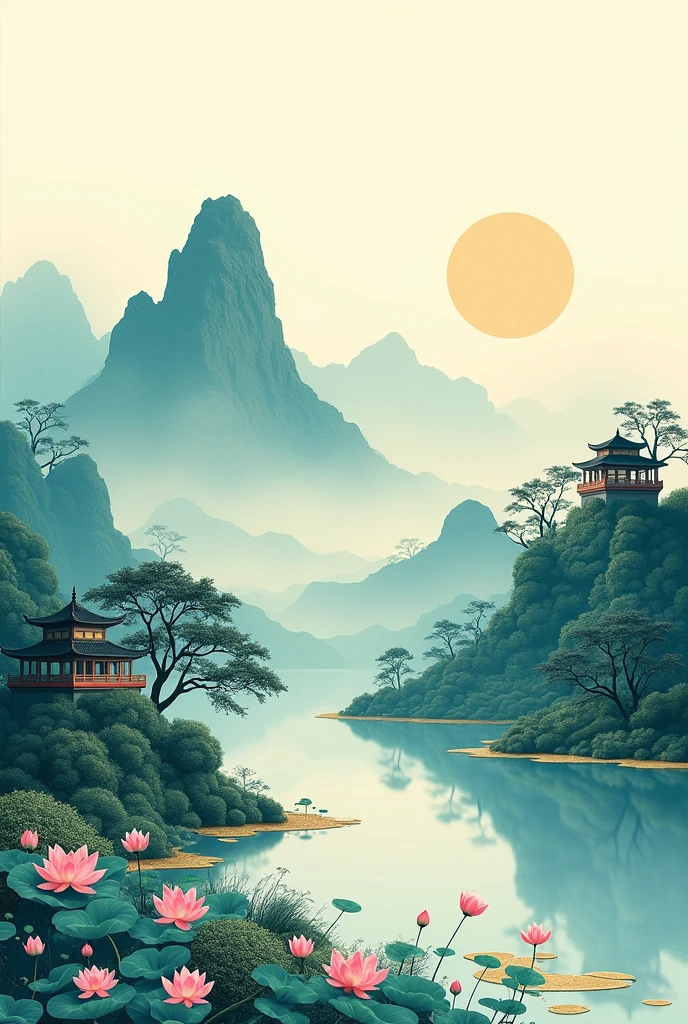 lots of white space.Chinese embroidery craft of a golden, blue and green mountain with pavilions and trees, with gilding and flowing liquid gold details. A minimalist color field style with freehand brushwork, blank spaces leaving organic forms against a simple background. The lotus lake is surrounded by golden edges in the style of Chinese landscape painting, with 8k details.