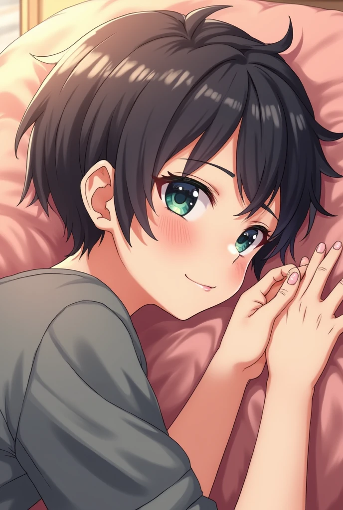 Young anime boy with pussy, blushing, laying on back cum in pussy, pretty, small, looking back at camera