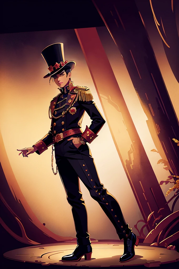 a ring leader host with red coat, epaulettes on shoulders, black shirt under neath, golden trims and chains, black pants and brown boots, a black top hat with golden lining, boy, handsome, black eyes, black hair, tall and evil, circus host